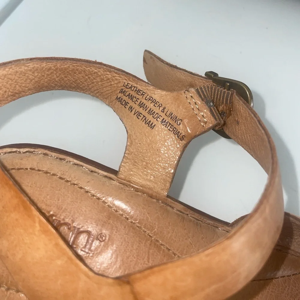 Born Tan Leather Wedge Sandals with Wood-Effect Heel